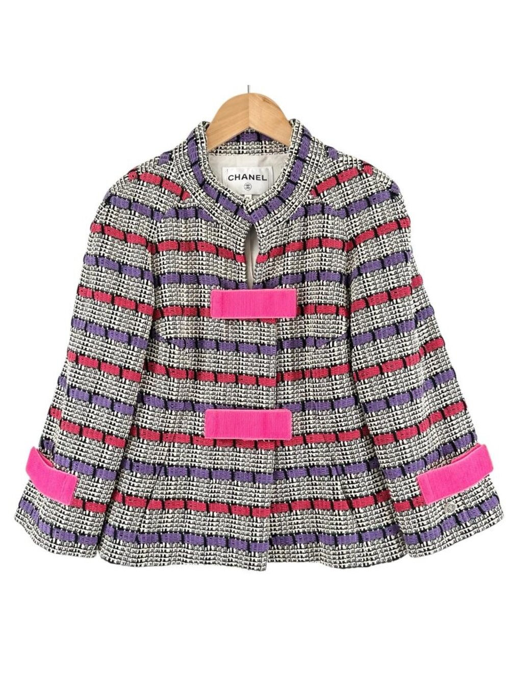 Chanel Border AW Collarless Jacket Cotton Multicolor 34